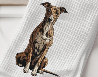 Brindle Whippet Dish Towel - Whippet Kitchen Towel - Waffle Weave Towel - Kitchen Towels with Brindle Whippet
