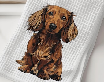 Long Haired Dachshund Dish Towel - Red Long Haired Dachshund Dog Kitchen Towel - Waffle Weave Towel
