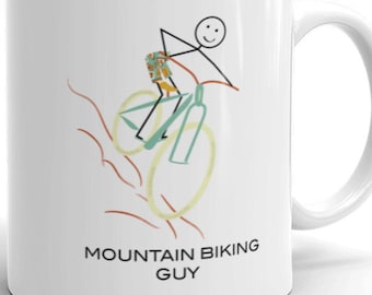 May include: White ceramic mug with a black stick figure illustration of a person riding a mountain bike. The text "Mountain Biking Guy" is printed below the illustration.