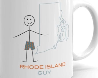 May include: White ceramic mug with a stick figure wearing blue and orange patterned shorts and a smiling face. The stick figure is standing next to an outline of the state of Rhode Island. The mug reads "Rhode Island Guy".
