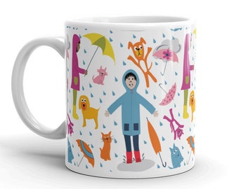 Funny April Showers Mug , Raining Cats and Dogs Cup - Cute Cats and Dogs Coffee Mug