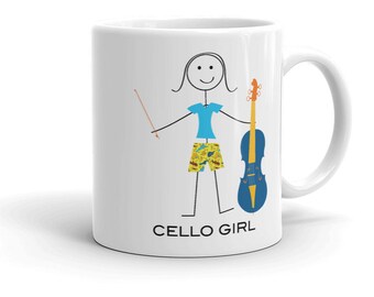 May include: White ceramic mug with a stick figure illustration of a person holding a cello. The text "CELLO GIRL" is printed on the bottom of the mug.