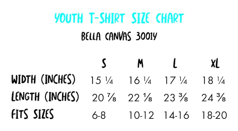 Puede incluir: Tabla de tallas de camiseta para j&oacute;venes Bella Canvas 3001Y. La tabla muestra las medidas de ancho y largo en pulgadas, as&iacute; como las tallas para j&oacute;venes correspondientes.