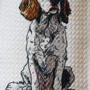 May include: A detailed illustration of a seated English Setter dog. The dog has a white coat with brown and gray markings, including brown ears and a brown nose. The dog is depicted on a white background, showcasing the intricate details of its fur and features.
