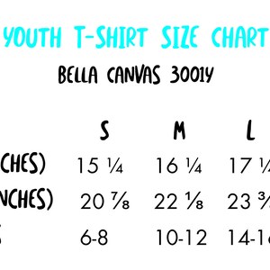 May include: Youth T-shirt size chart for Bella Canvas 3001Y. The chart shows width and length measurements in inches, as well as the corresponding youth sizes.
