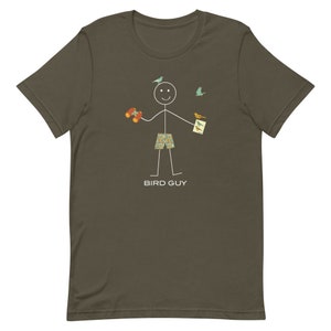 May include: Olive green t-shirt featuring a stick figure with binoculars, bird illustrations, and patterned shorts. The text "BIRD GUY" is printed below the figure. Three birds are flying above the figure.