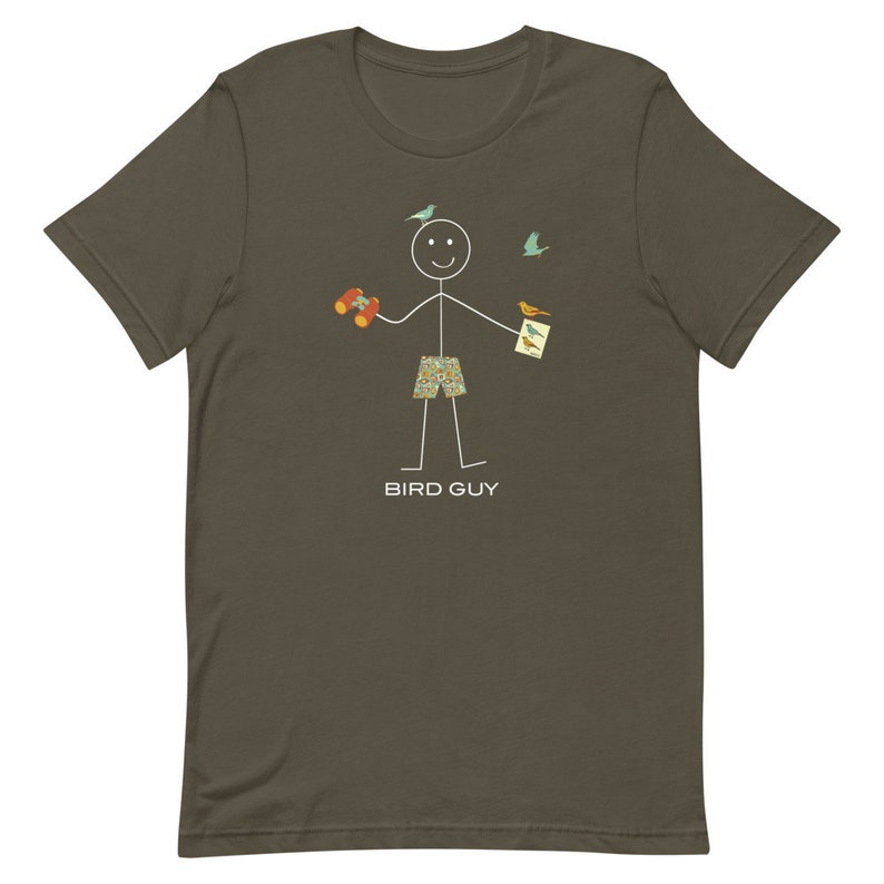 May include: Olive green t-shirt featuring a stick figure with binoculars, bird illustrations, and patterned shorts. The text "BIRD GUY" is printed below the figure. Three birds are flying above the figure.