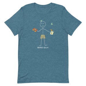 May include: A blue t-shirt with a stick figure design. The stick figure holds binoculars, a bird identification card, and is wearing patterned shorts. The text "BIRD GUY" is printed below the figure.