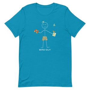 May include: A turquoise t-shirt featuring a stick figure with binoculars, bird illustrations, and patterned shorts. The text "BIRD GUY" is printed below the figure. Three birds are also depicted on the shirt.