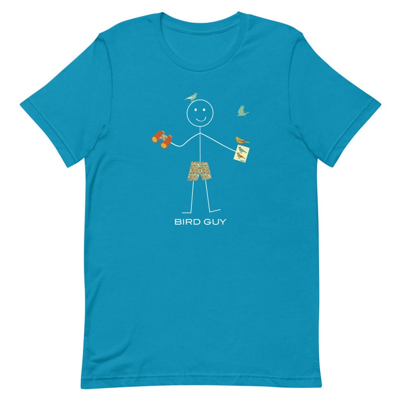May include: A turquoise t-shirt featuring a stick figure with binoculars, bird illustrations, and patterned shorts. The text "BIRD GUY" is printed below the figure. Three birds are also depicted on the shirt.