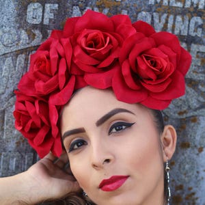 Large Red Rose Flower Crown Headband Mexican Wedding Bridal Headpiece Bride Party Music Festival Boho Gypsy Bridesmaids Adult Wreath Party image 6