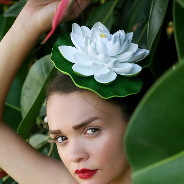 Ivory Lily Pad Fascinator (Tropical Wedding Bridal Bride Headpiece Hawaiian Lotus Flower Hair Comb Haircomb Hawaii Princess Frog Park World)