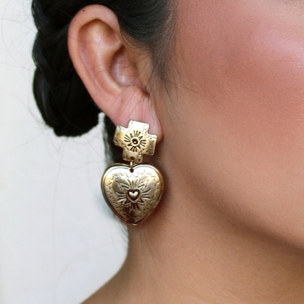 Mexican Heart Earrings (Flaming Heart Earrings Earrings Milagro Earrings Sacred Heart Bronze Gold Earrings Gold Frida Khalo Costume)