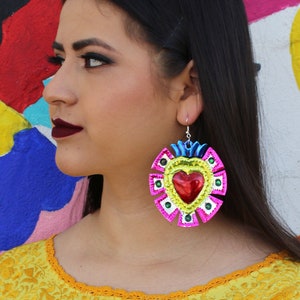 Mexican Earrings (Flaming Heart Earrings Tin Kahlo Frida Earrings Milagro Earrings Sacred Heart Hojalata Valentines Day Earrings Costume)