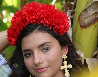 Red Carnation Flower Crown Headband (Mexican Wedding Bridal Headpiece Bride Party Music Festival Boho Gypsy Bridesmaids Adult Wreath Party)