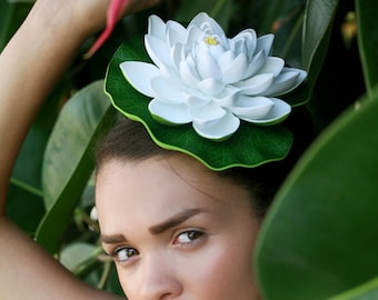 Ivory Lily Pad Fascinator (Tropical Wedding Bridal Bride Headpiece Hawaiian Lotus Flower Hair Comb Haircomb Hawaii Princess Frog Park World)