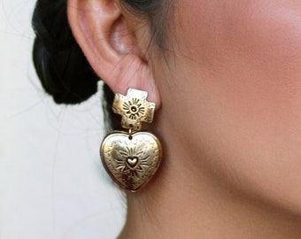 Mexican Heart Earrings (Flaming Heart Earrings Earrings Milagro Earrings Sacred Heart Bronze Gold Earrings Gold Frida Khalo Costume)