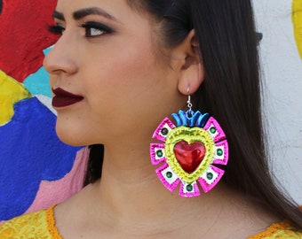 Mexican Earrings (Flaming Heart Earrings Tin Kahlo Frida Earrings Milagro Earrings Sacred Heart Hojalata Valentines Day Earrings Costume)