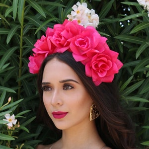 Hot Pink Flower Crown Headband Mexican Wedding Bridal Headpiece Bride Party Music Festival Boho Bridesmaids Adult Wreath Magenta image 1