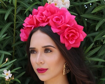 Hot Pink Flower Crown Headband (Mexican Wedding Bridal Headpiece Bride Party Music Festival Boho Bridesmaids Adult Wreath Magenta)