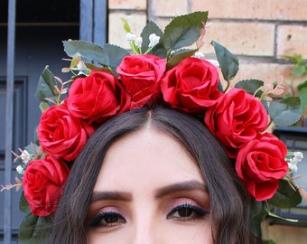 Red Rose Flower Crown Headband (Mexican Wedding Bridal Headpiece Bride Music Festival Boho Wedding Gypsy Bridesmaids Wreath Adult Girl)