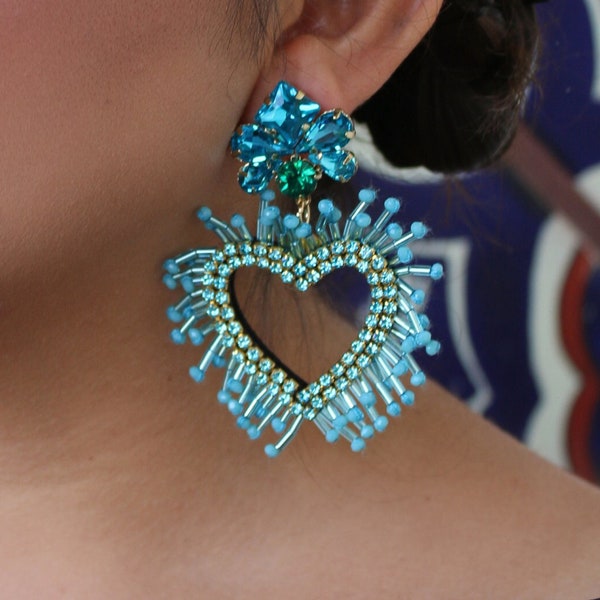 Turquoise Heart Earrings (Flaming Heart Earrings Heart Earrings Mexican Frida Kahlo Costume Earrings Large Earrings Statement Drop Earrings)