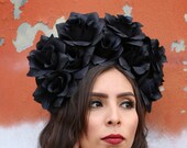 EXTRA LARGE Black Flower Crown Headband (Day of the Dead Headpiece Goth Gothic Costume Wreath Catrina Sugar Skull Crown Cosplay Punk Rock)