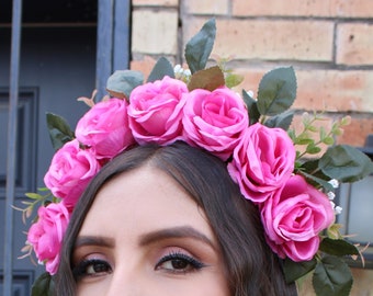 Pink Flower Crown Headband (Mexican Wedding Bridal Headpiece Bride Party Music Festival Boho Bridesmaids Adult Wreath Magenta)