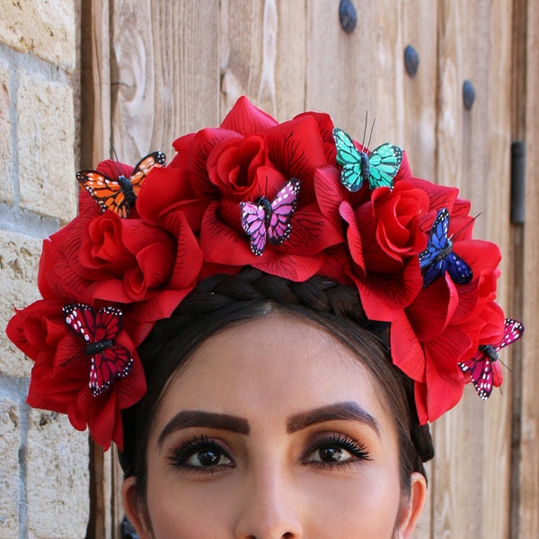 Red Rose Flower Crown Headband Monarch Butterflies (Butterfly Frida Costume Flower Halo Wreath Headpiece Mexican Bride Bridal Frida Kahlo)