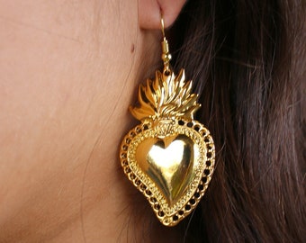 Mexican Heart Earrings (Flaming Heart Earrings Earrings Milagro Earrings Sacred Heart Valentines Day Earrings Gold Frida Khalo Costume)