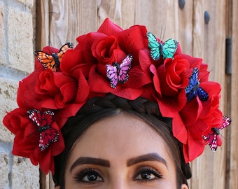 Red Rose Flower Crown Headband Monarch Butterflies (Butterfly Frida Costume Flower Halo Wreath Headpiece Mexican Bride Bridal Frida Kahlo)