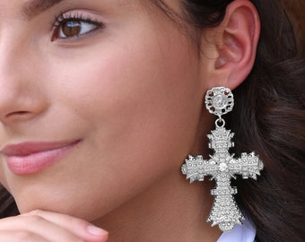 Silver Cross Earrings (Mexican Wedding Earrings Religious Catholic Earrings Faith Jewelry Boho Gypsy Large Statement Earrings Gift Goddess)