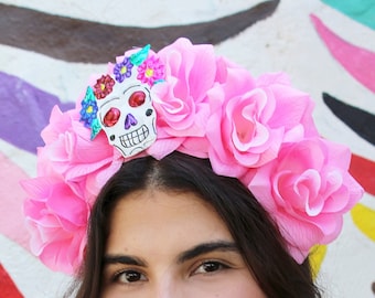 Pink Flower Crown Headband with Skull (Day of the Dead Headpiece Mexican Headdress Music Festival Cosplay Hat Halloween Costume Frida Kahlo)