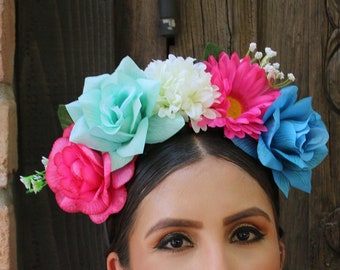 Flower Crown Headband (Mexican Gift Bride Bridal Wedding Bohemian Flower Halo Costume Day of the Dead Headpiece Wreath Catrina Frida Kahlo)