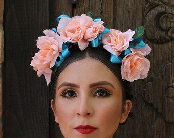 Coral Flower Crown Headband (Costume Day of the Dead Headpiece Wreath Dia De los Muertos Cinco De Mayo Mexican Wedding Headdress Bride)