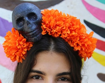 Marigold Flower Crown Headband (Halloween Costume Day of the Dead Headpiece Wreath Dia De los Muertos Sugar Skull Goth Gothic Frida Kahlo)