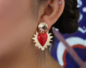 Mexican Heart Earrings (Flaming Heart Earrings Earrings Milagro Earrings Sacred Heart Latina Latinx Earrings Gold Frida Khalo Costume)