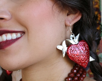 Mexican Earrings (Flaming Heart Earrings Tin Kahlo Frida Earrings Milagro Earrings Sacred Heart Hojalata Red Valentines Day Earrings)