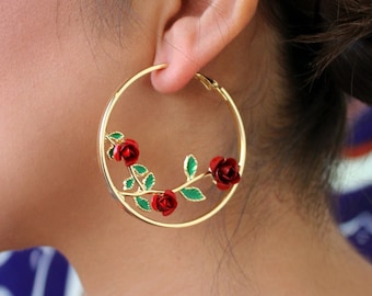 Hoop Rose Earrings (Latina Earrings Frida Kahlo Earrings Costume Pink Rose Earrings Latinx Valentines Day Earrings Hoop Earrings Mexican)