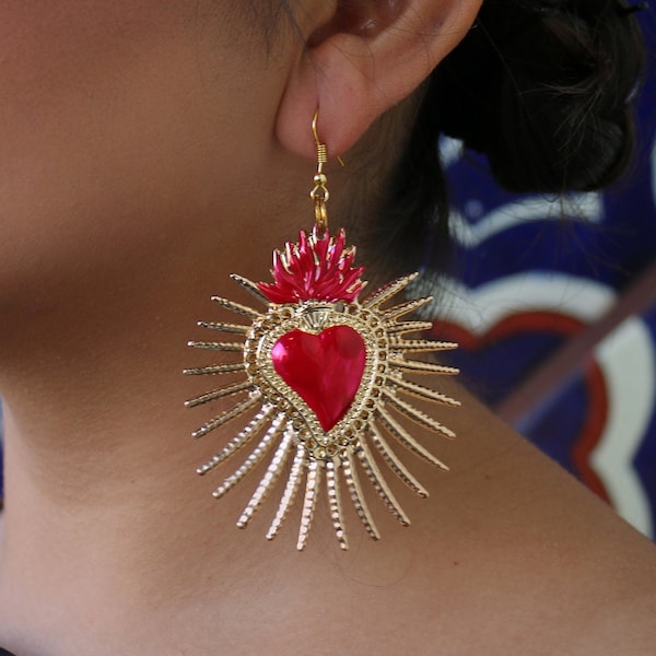 Mexican Heart Earrings (Flaming Heart Earrings Earrings Milagro Earrings Sacred Heart Valentines Day Earrings Gold Frida Khalo Costume)