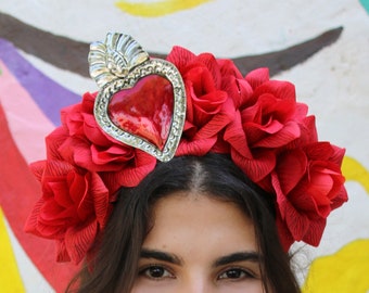 Red Mexican Flower Crown (Flaming Heart Headpiece Tin Kahlo Frida Milagro Earrings Sacred Heart Hojalata Halloween Day of the Dead Costume)