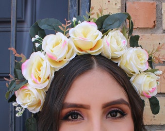 Yellow Pink Flower Crown Headband (Mexican Wedding Bridal Headpiece Bride Party Music Festival Boho Gypsy Bridesmaids Adult Wreath Party)