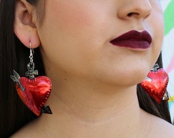 Mexican Earrings (Flaming Heart Earrings Tin Kahlo Frida Earrings Milagro Earrings Sacred Heart Hojalata Valentines Day Earrings Red Heart)