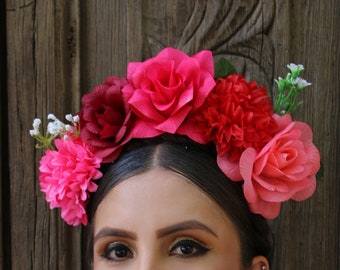 Flower Crown Headband (Mexican Gift Bride Bridal Wedding Bohemian Flower Halo Costume Day of the Dead Headpiece Wreath Catrina Frida Kahlo)