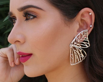 Butterfly Earrings (Butterflies Earrings Fairy Earrings Faire Large Gift For Her Wedding Bride Bridal Boho Bohemian Stud Monarch Wing Wings)