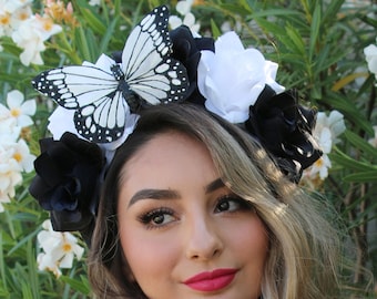 White Black Butterfly Flower Crown Headband (Monarch Butterflies Fairy Faerie Costume Butterfly Headpiece Wreath Boho Wedding Bridal Party)