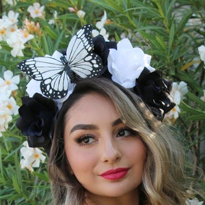 White Black Butterfly Flower Crown Headband (Monarch Butterflies Fairy Faerie Costume Butterfly Headpiece Wreath Boho Wedding Bridal Party)
