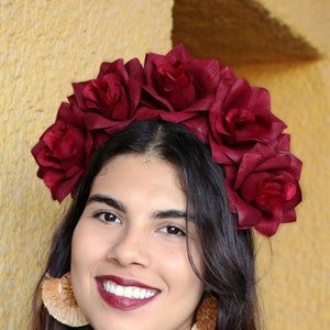 Dark Red Rose Flower Crown Headband Mexican Wedding Bridal Headpiece Bride Music Festival Boho Bridesmaids Bohemian Gypsy Frida Kahlo image 4