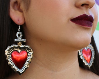 Mexican Earrings (Flaming Heart Earrings Tin Kahlo Frida Earrings Milagro Earrings Sacred Heart Hojalata Valentines Day Earrings Costume)