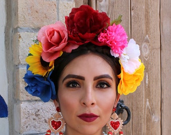 Flower Crown Headband (Mexican Gift Bride Bridal Wedding Bohemian Flower Halo Costume Day of the Dead Headpiece Wreath Catrina Frida Kahlo)